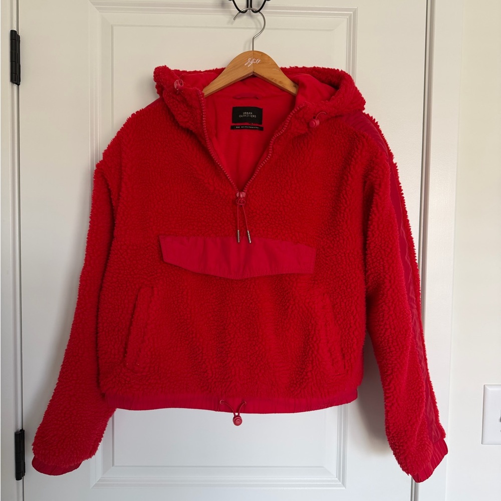 Urban Outfitters Red Teddy Sherpa Quarter Zip Jacket Hoodie Medium - Picture 2 of 4